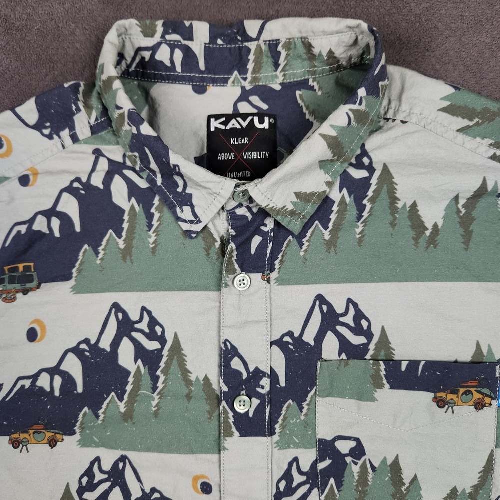 KAVU The Jam Shirt Mens Large Gray Green Off Road Van Print Short Sleeve Cotton